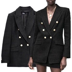 RARE Zara Black Textured Weave Tweed Double Breasted Gold Buttons Blazer Jacket